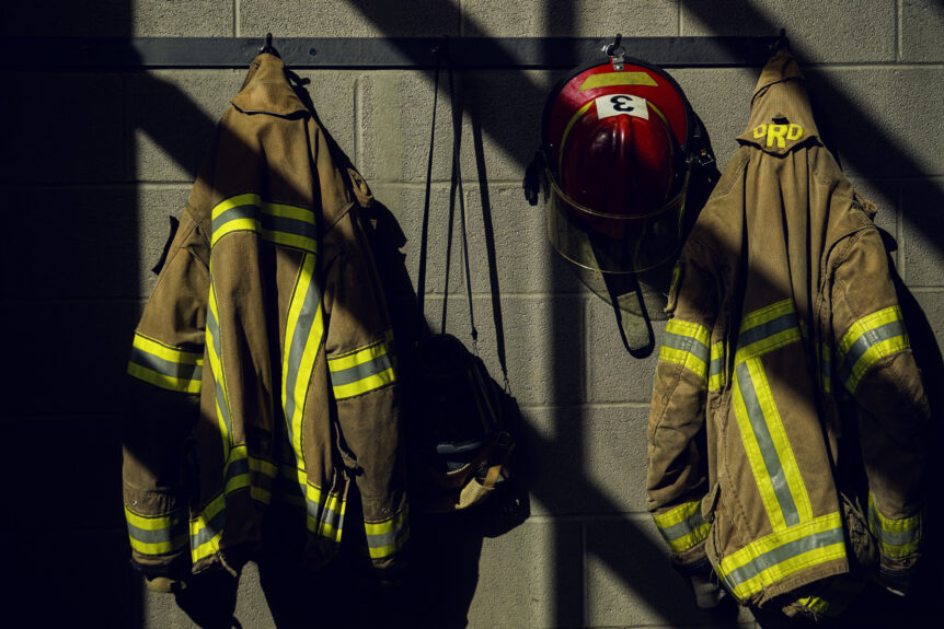 firefighter turnout gear waits for liquid CO2 cleaning