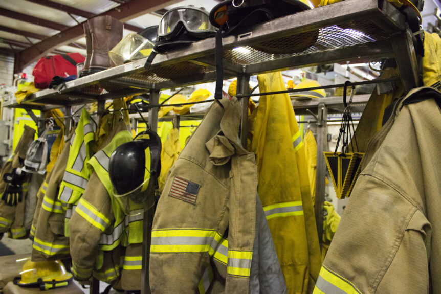 dirty turnout gear waits to be cleaned