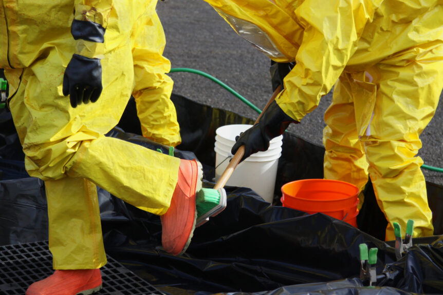HAZMAT members clean their own PPE