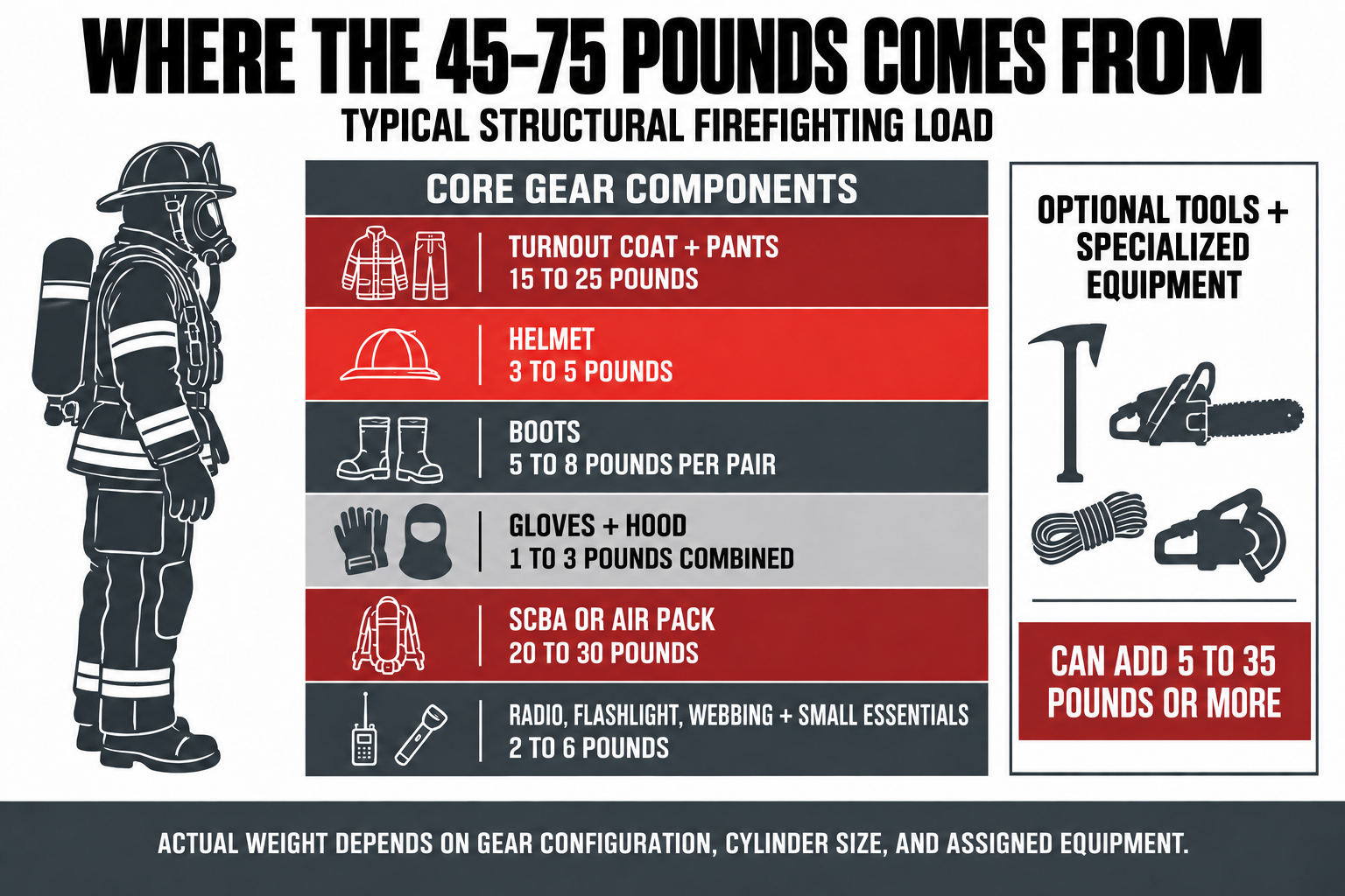 Infographic showing a firefighter in turnout gear beside six core gear weight ranges: coat and pants 15–25 lb; helmet 3–5 lb; boots 5–8 lb per pair; gloves and hood 1–3 lb; SCBA 20–30 lb; and small essentials 2–6 lb. Optional tools can add 5–35 lb or more.